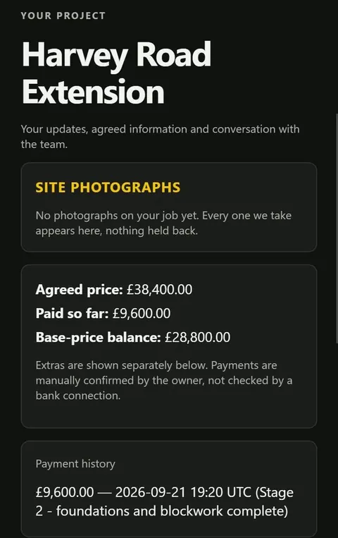 Customer view of a job with site photos, agreed price, paid so far and balance.