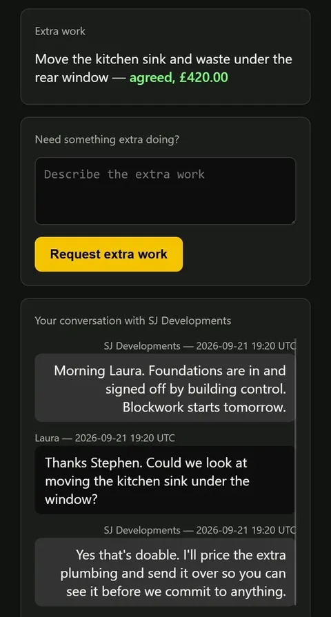 Extra work priced, accepted and agreed, with the conversation next to it.