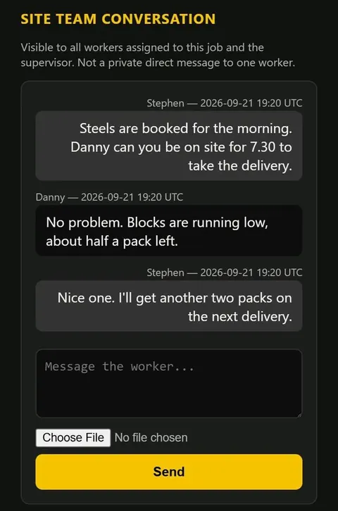 Job Hub site-team conversation on a phone, using an invented job.